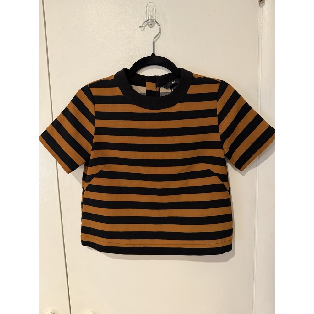 H&M Striped Women Size 2 Brown Black Short Sleeve Top Blouse